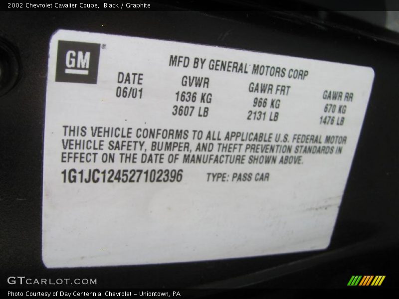Black / Graphite 2002 Chevrolet Cavalier Coupe