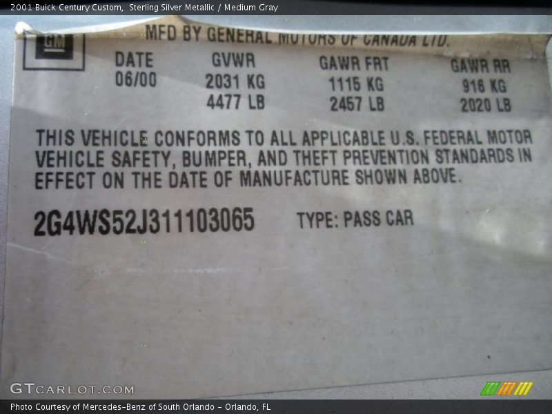 Sterling Silver Metallic / Medium Gray 2001 Buick Century Custom