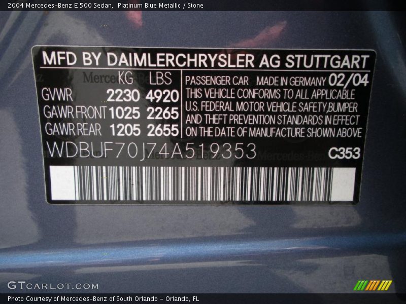 Platinum Blue Metallic / Stone 2004 Mercedes-Benz E 500 Sedan