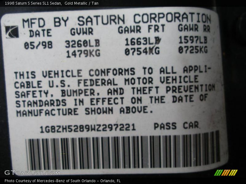 Gold Metallic / Tan 1998 Saturn S Series SL1 Sedan