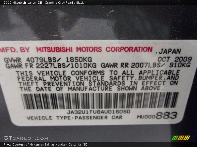 Graphite Gray Pearl / Black 2010 Mitsubishi Lancer DE