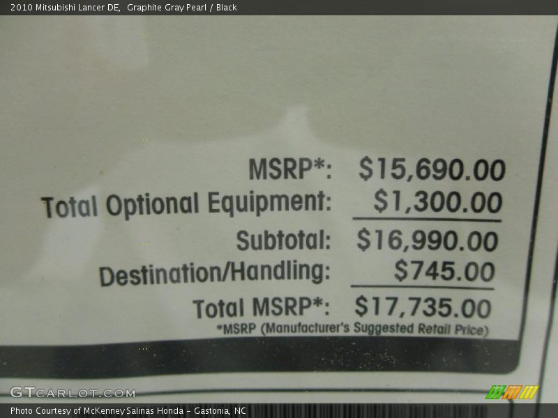 Graphite Gray Pearl / Black 2010 Mitsubishi Lancer DE