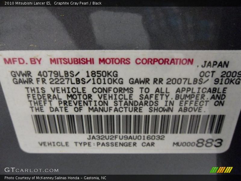 Graphite Gray Pearl / Black 2010 Mitsubishi Lancer ES