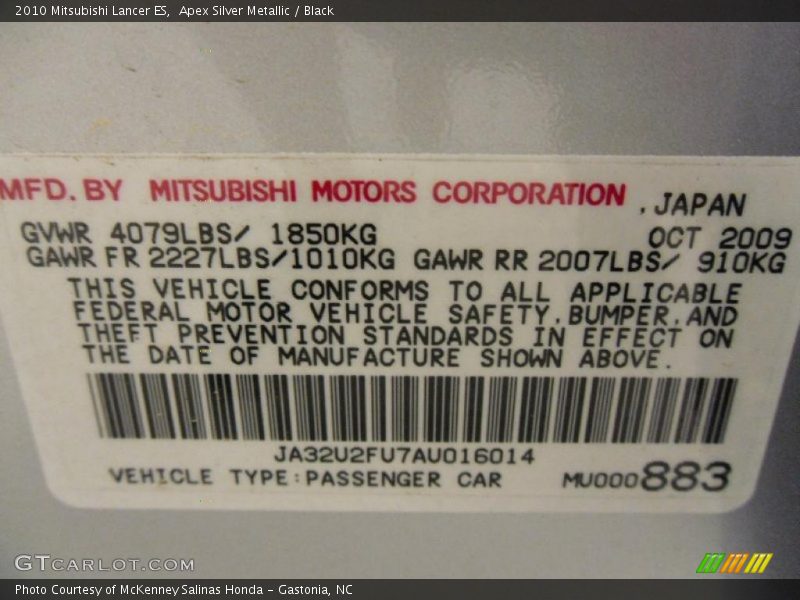 Apex Silver Metallic / Black 2010 Mitsubishi Lancer ES