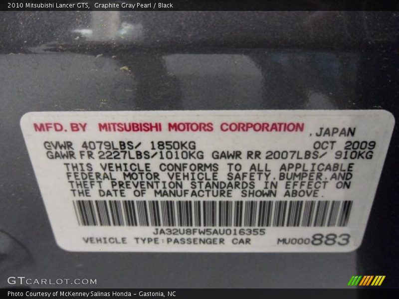 Graphite Gray Pearl / Black 2010 Mitsubishi Lancer GTS