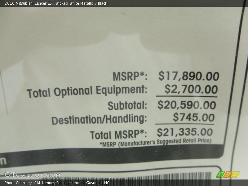 Wicked White Metallic / Black 2010 Mitsubishi Lancer ES