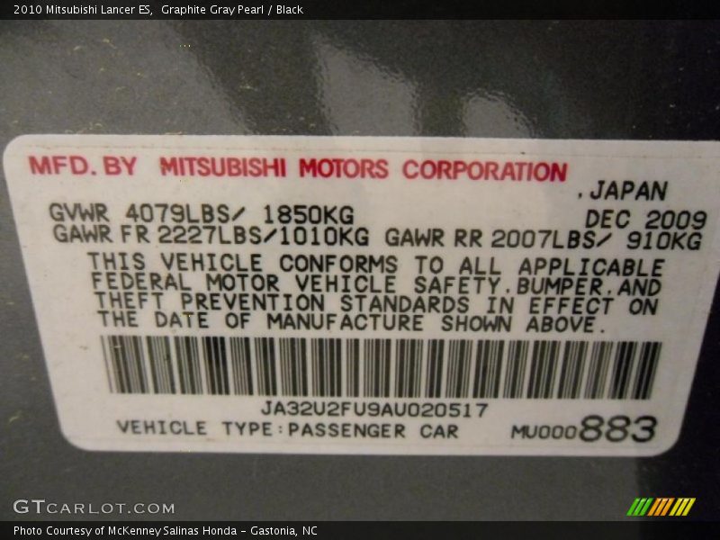 Graphite Gray Pearl / Black 2010 Mitsubishi Lancer ES