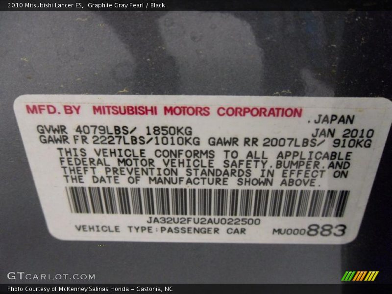 Graphite Gray Pearl / Black 2010 Mitsubishi Lancer ES