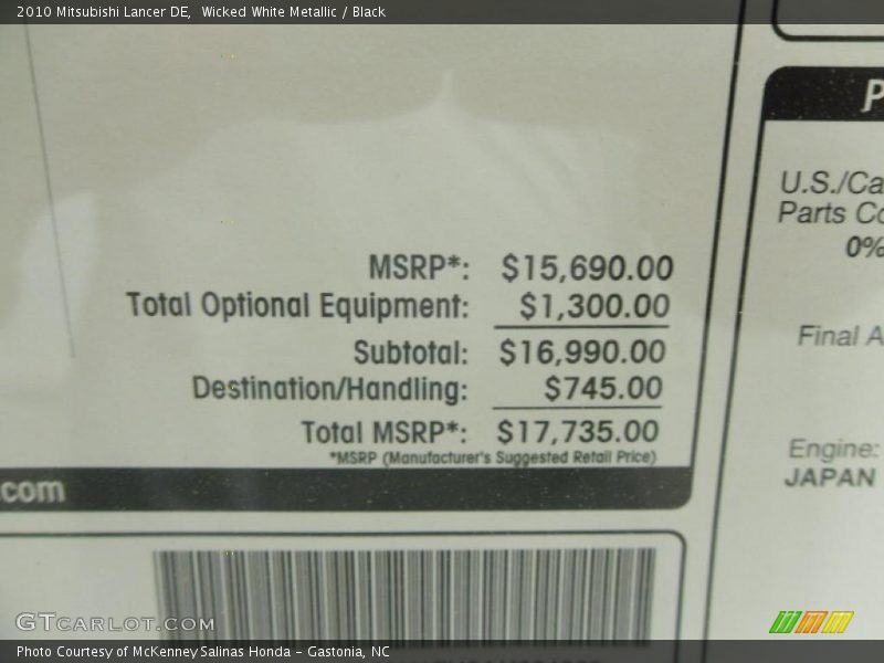 Wicked White Metallic / Black 2010 Mitsubishi Lancer DE