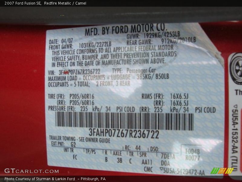 Redfire Metallic / Camel 2007 Ford Fusion SE