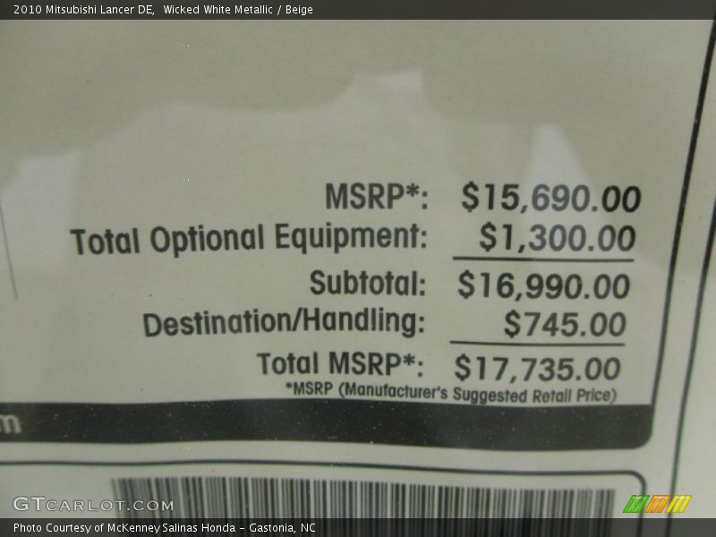 Wicked White Metallic / Beige 2010 Mitsubishi Lancer DE