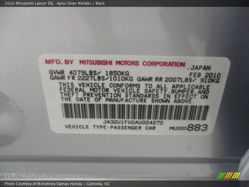 Apex Silver Metallic / Black 2010 Mitsubishi Lancer DE