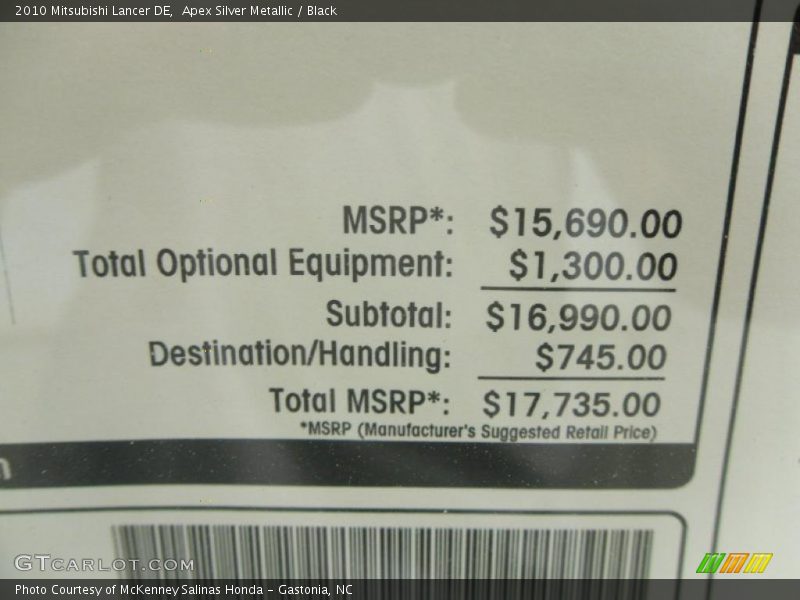 Apex Silver Metallic / Black 2010 Mitsubishi Lancer DE
