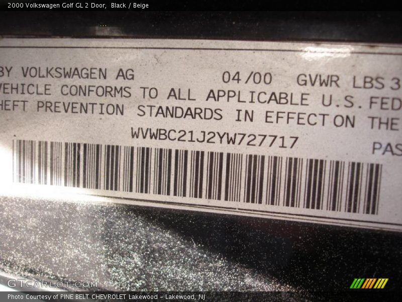 Black / Beige 2000 Volkswagen Golf GL 2 Door