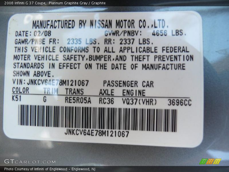 Platinum Graphite Gray / Graphite 2008 Infiniti G 37 Coupe