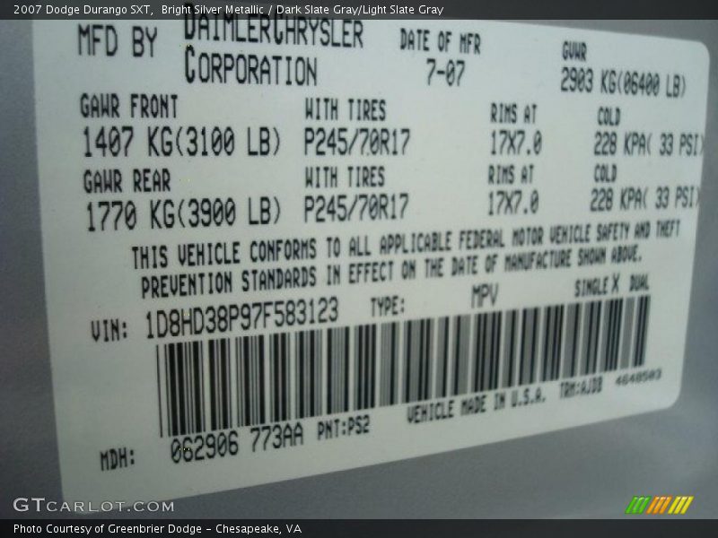 Bright Silver Metallic / Dark Slate Gray/Light Slate Gray 2007 Dodge Durango SXT