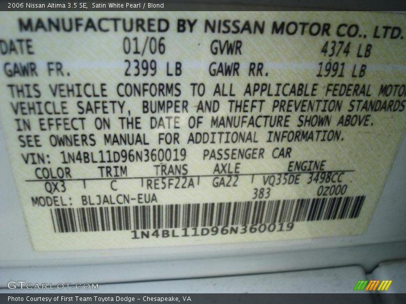 Satin White Pearl / Blond 2006 Nissan Altima 3.5 SE