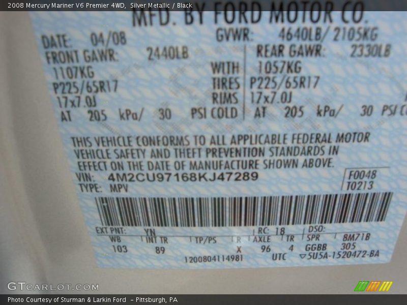 Silver Metallic / Black 2008 Mercury Mariner V6 Premier 4WD