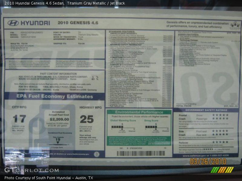 Titanium Gray Metallic / Jet Black 2010 Hyundai Genesis 4.6 Sedan