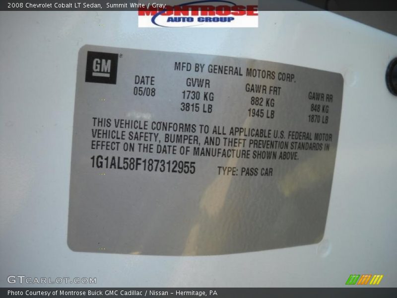 Summit White / Gray 2008 Chevrolet Cobalt LT Sedan