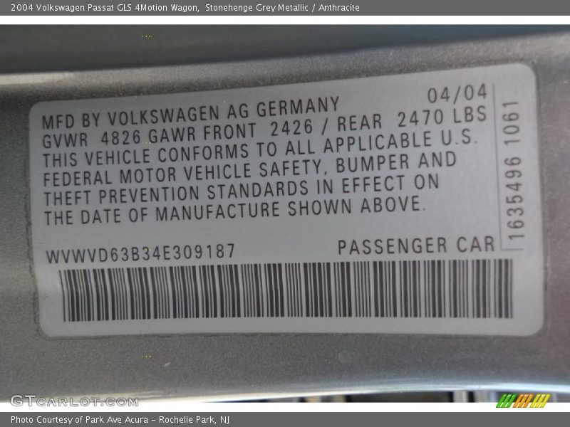 Stonehenge Grey Metallic / Anthracite 2004 Volkswagen Passat GLS 4Motion Wagon