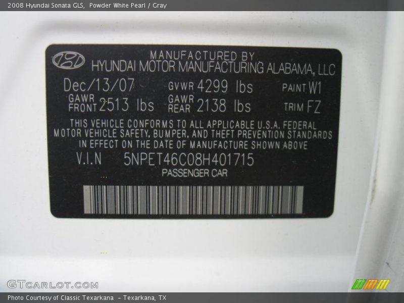 Powder White Pearl / Gray 2008 Hyundai Sonata GLS