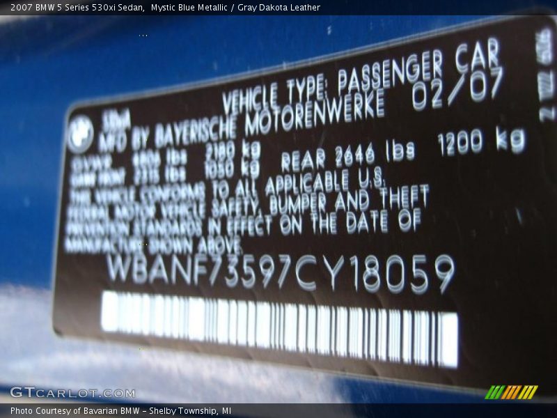 Mystic Blue Metallic / Gray Dakota Leather 2007 BMW 5 Series 530xi Sedan