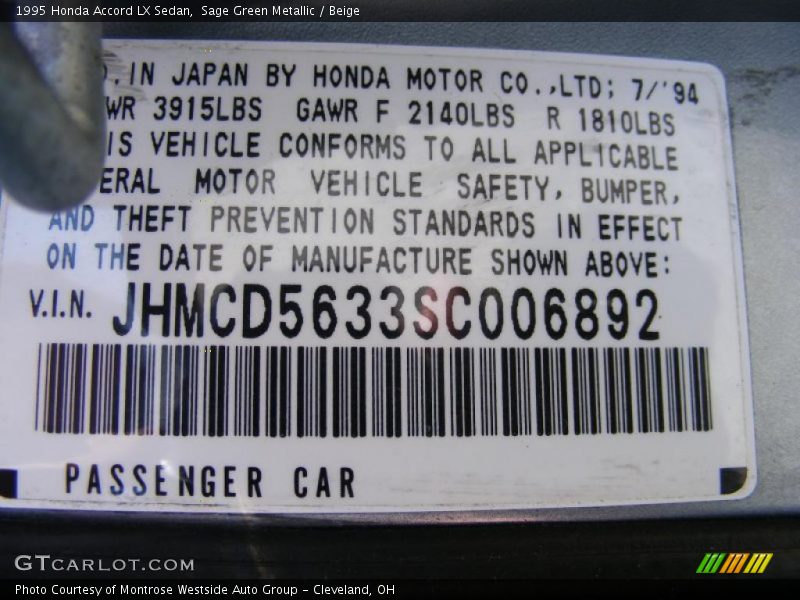 Sage Green Metallic / Beige 1995 Honda Accord LX Sedan