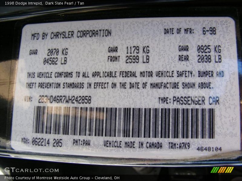 Dark Slate Pearl / Tan 1998 Dodge Intrepid