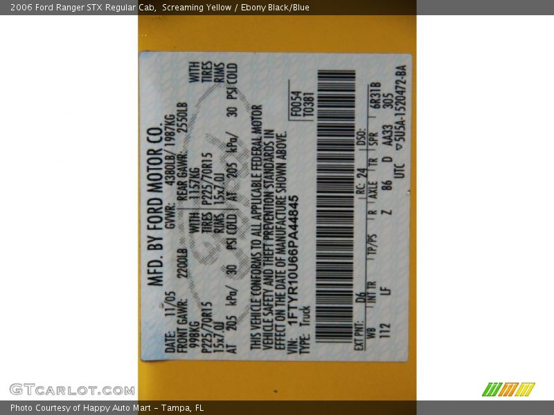 Screaming Yellow / Ebony Black/Blue 2006 Ford Ranger STX Regular Cab