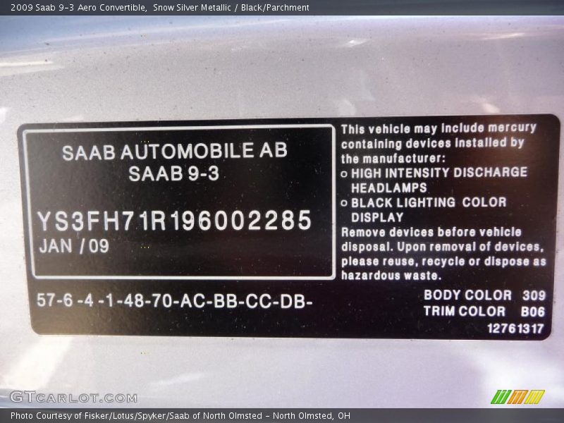 Snow Silver Metallic / Black/Parchment 2009 Saab 9-3 Aero Convertible