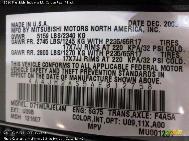 Carbon Pearl / Black 2010 Mitsubishi Endeavor LS
