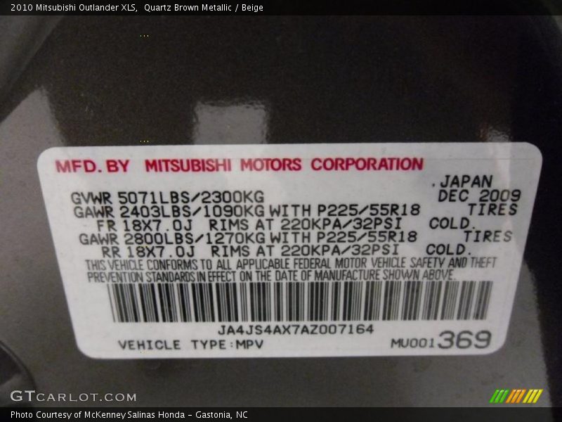 Quartz Brown Metallic / Beige 2010 Mitsubishi Outlander XLS