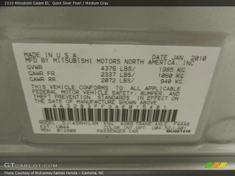 Quick Silver Pearl / Medium Gray 2010 Mitsubishi Galant ES
