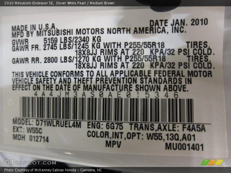 Dover White Pearl / Medium Brown 2010 Mitsubishi Endeavor SE