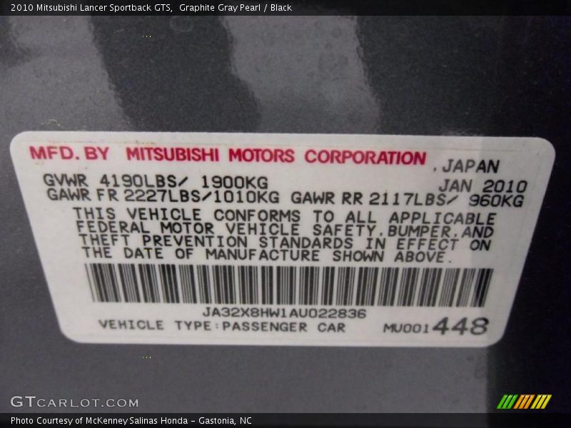 Graphite Gray Pearl / Black 2010 Mitsubishi Lancer Sportback GTS
