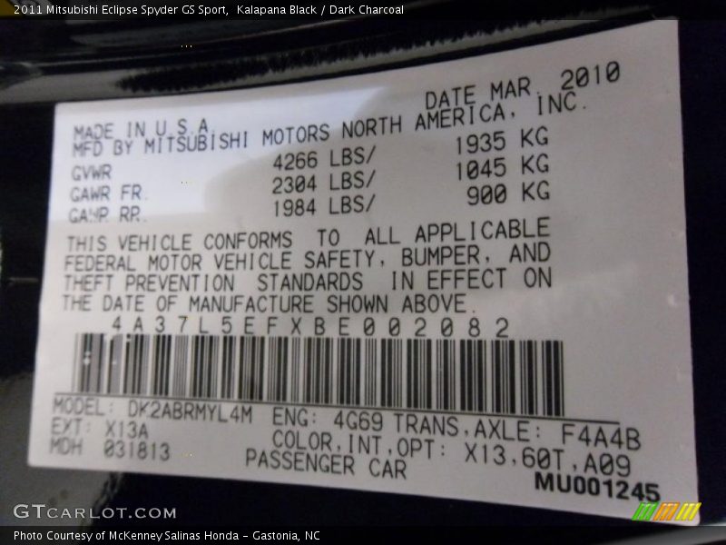 Kalapana Black / Dark Charcoal 2011 Mitsubishi Eclipse Spyder GS Sport