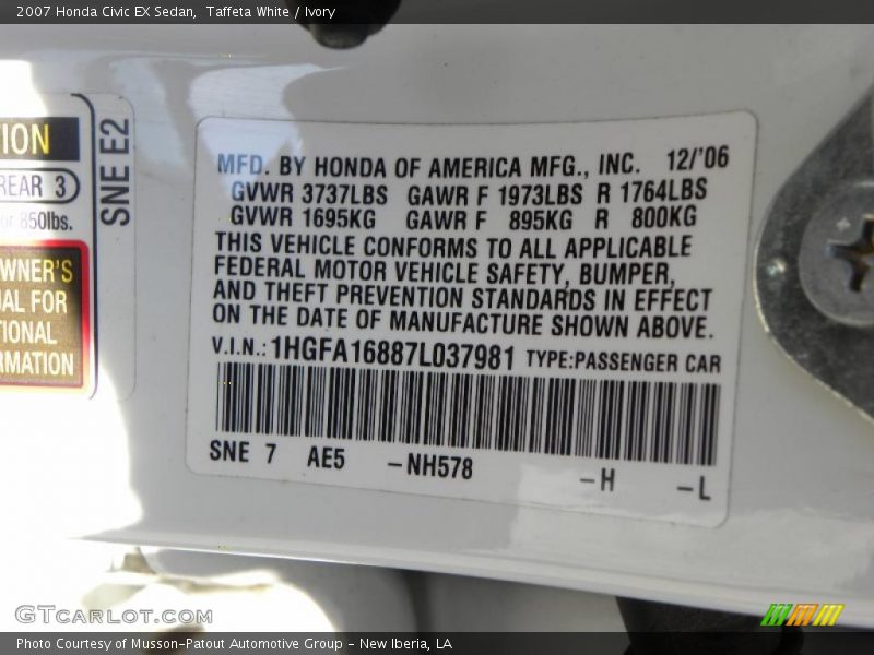 Taffeta White / Ivory 2007 Honda Civic EX Sedan