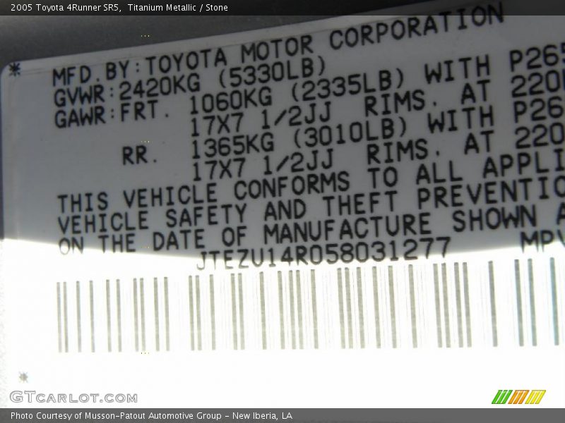 Titanium Metallic / Stone 2005 Toyota 4Runner SR5