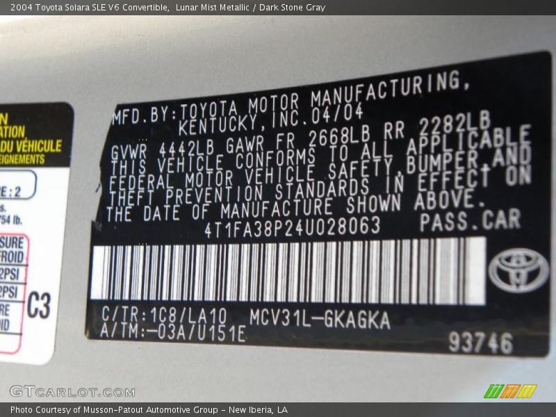 Lunar Mist Metallic / Dark Stone Gray 2004 Toyota Solara SLE V6 Convertible