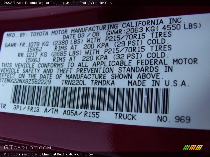 Impulse Red Pearl / Graphite Gray 2008 Toyota Tacoma Regular Cab