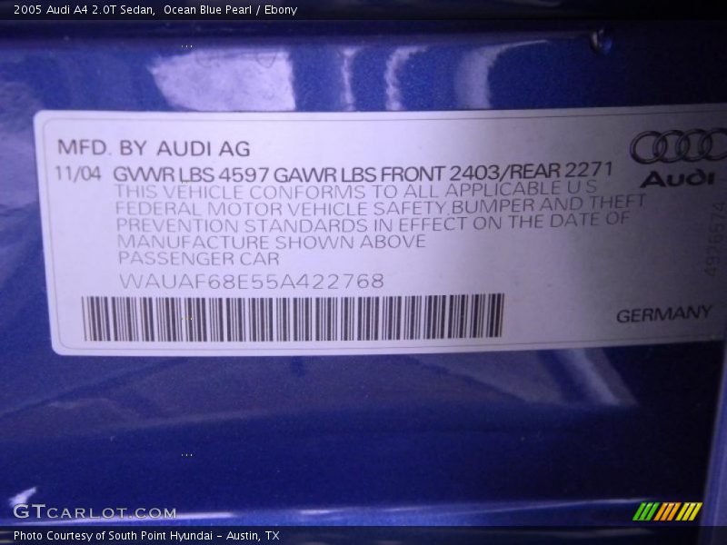 Ocean Blue Pearl / Ebony 2005 Audi A4 2.0T Sedan