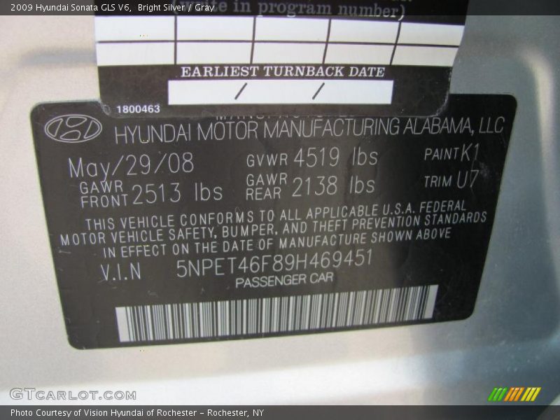 Bright Silver / Gray 2009 Hyundai Sonata GLS V6