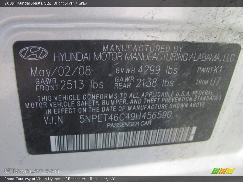 Bright Silver / Gray 2009 Hyundai Sonata GLS