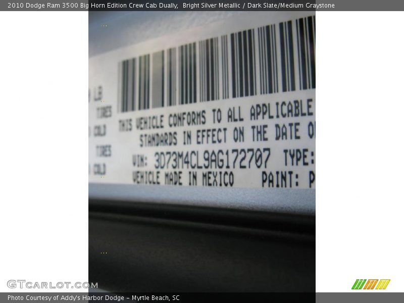 Bright Silver Metallic / Dark Slate/Medium Graystone 2010 Dodge Ram 3500 Big Horn Edition Crew Cab Dually