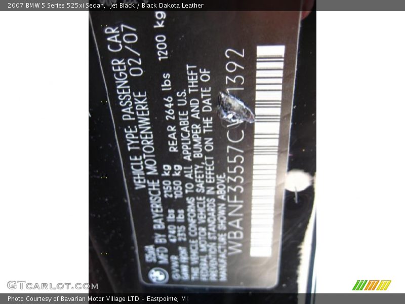 Jet Black / Black Dakota Leather 2007 BMW 5 Series 525xi Sedan