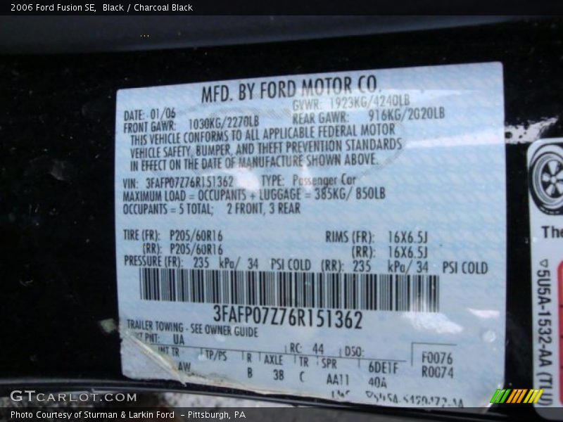 Black / Charcoal Black 2006 Ford Fusion SE