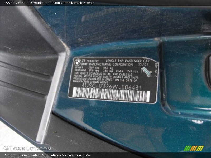 Boston Green Metallic / Beige 1998 BMW Z3 1.9 Roadster
