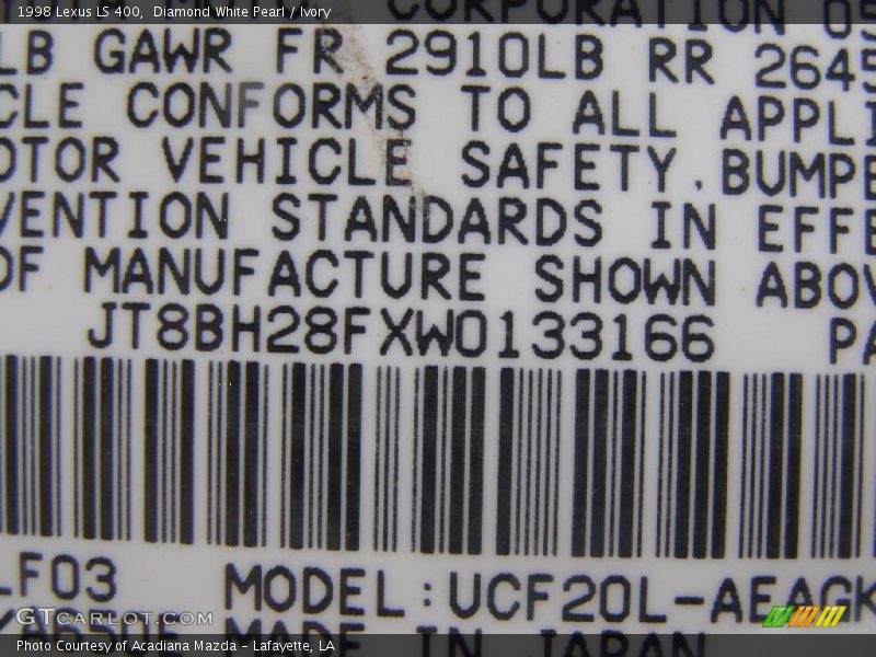 Diamond White Pearl / Ivory 1998 Lexus LS 400