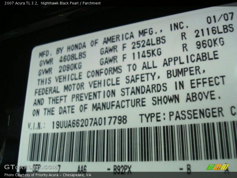 Nighthawk Black Pearl / Parchment 2007 Acura TL 3.2